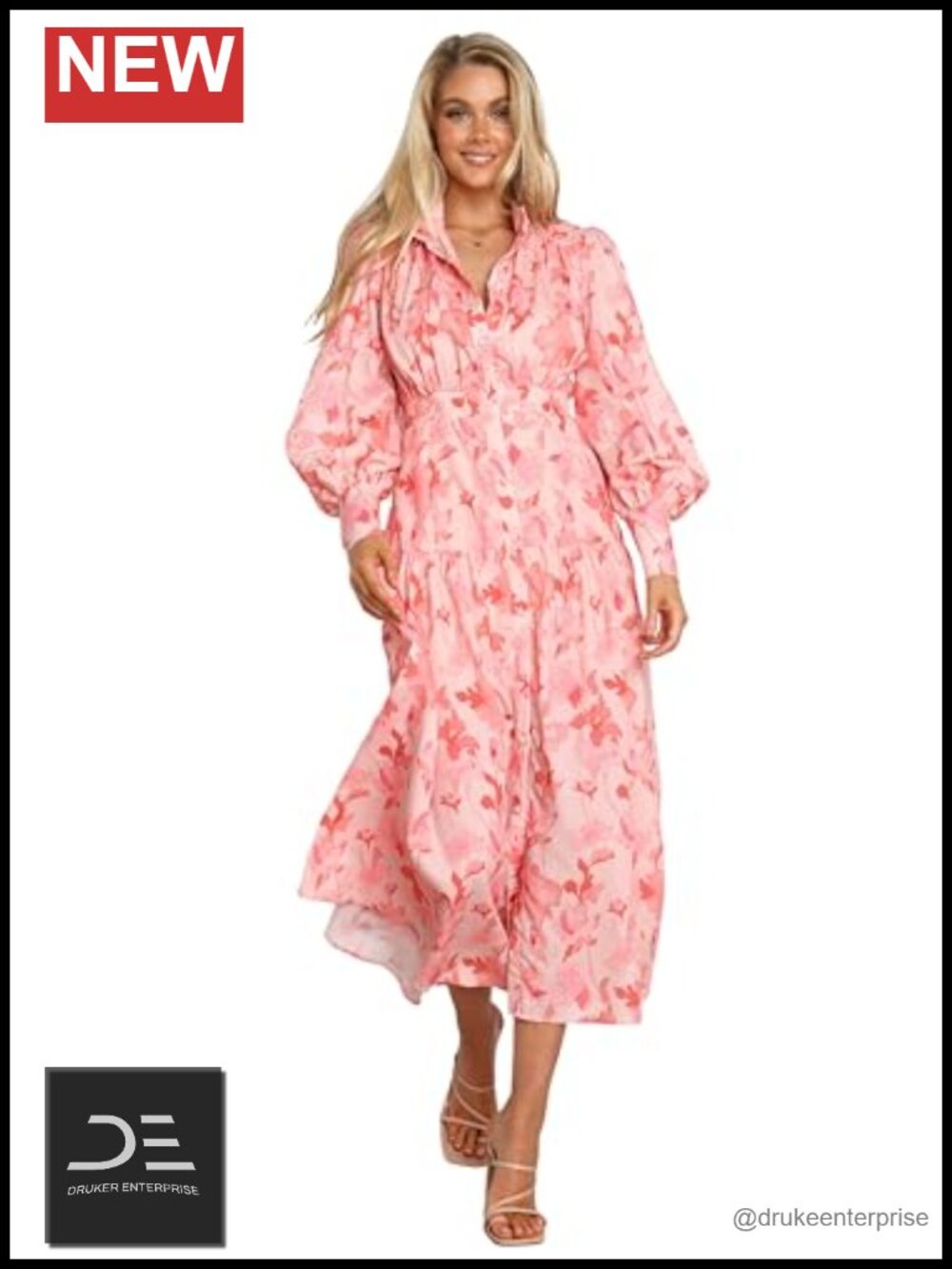Women's Floral Maxi Dress Long Sleeve Button Front A-Line V-Neck